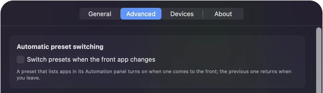 InputConfig's Settings window on the Advanced tab, with the checkbox Switch presets when the front app changes under Automatic preset switching.