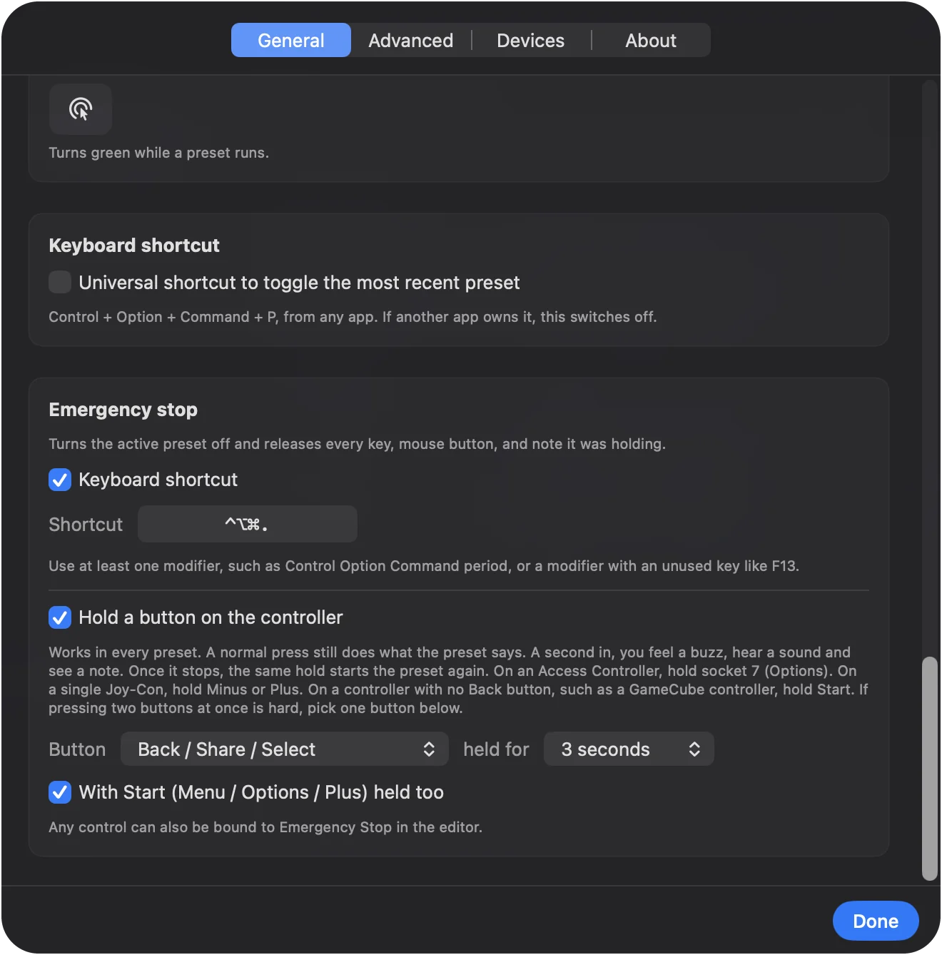 Settings with the Emergency Stop keyboard shortcut and the controller hold.