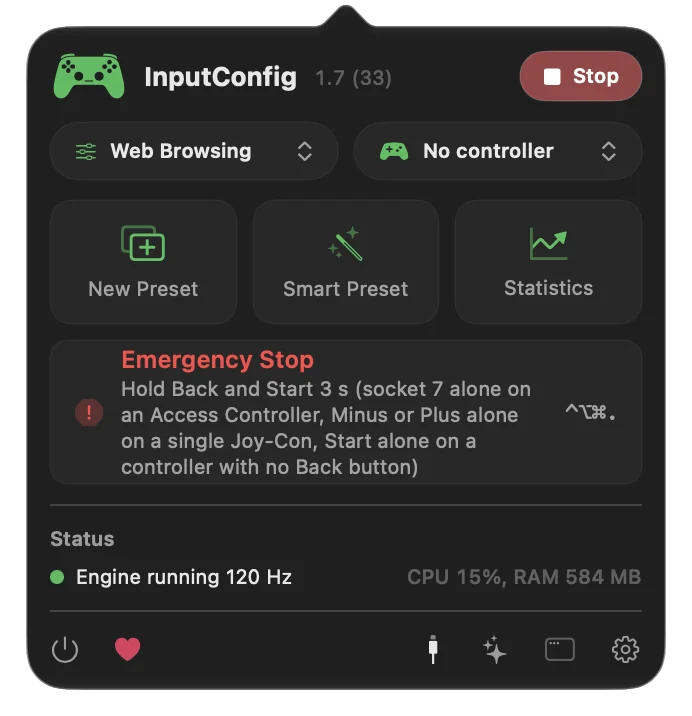 The menu bar popover with the Emergency Stop button.