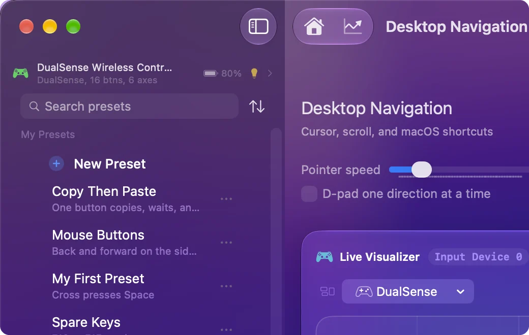 The InputConfig sidebar with New Preset at the top and a connected controller listed above it.