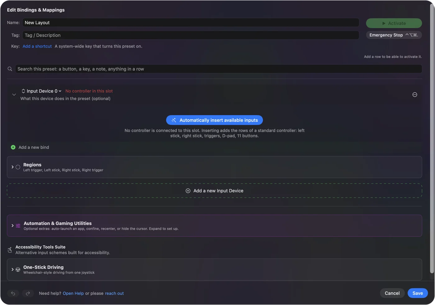 The editor of a new preset: a name field, a tag field and one empty input device.