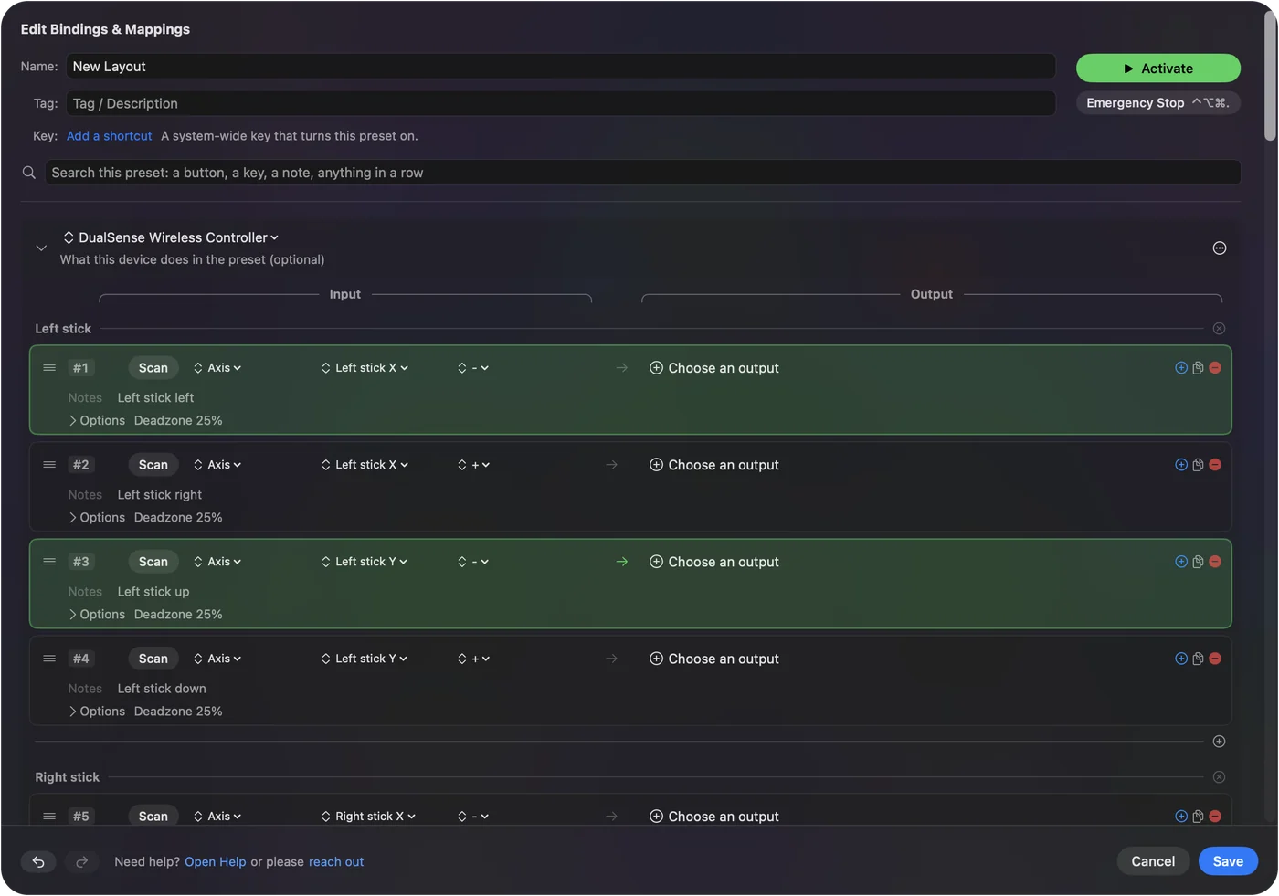 The editor after the rows were inserted, grouped by part of the controller, each waiting for an output.