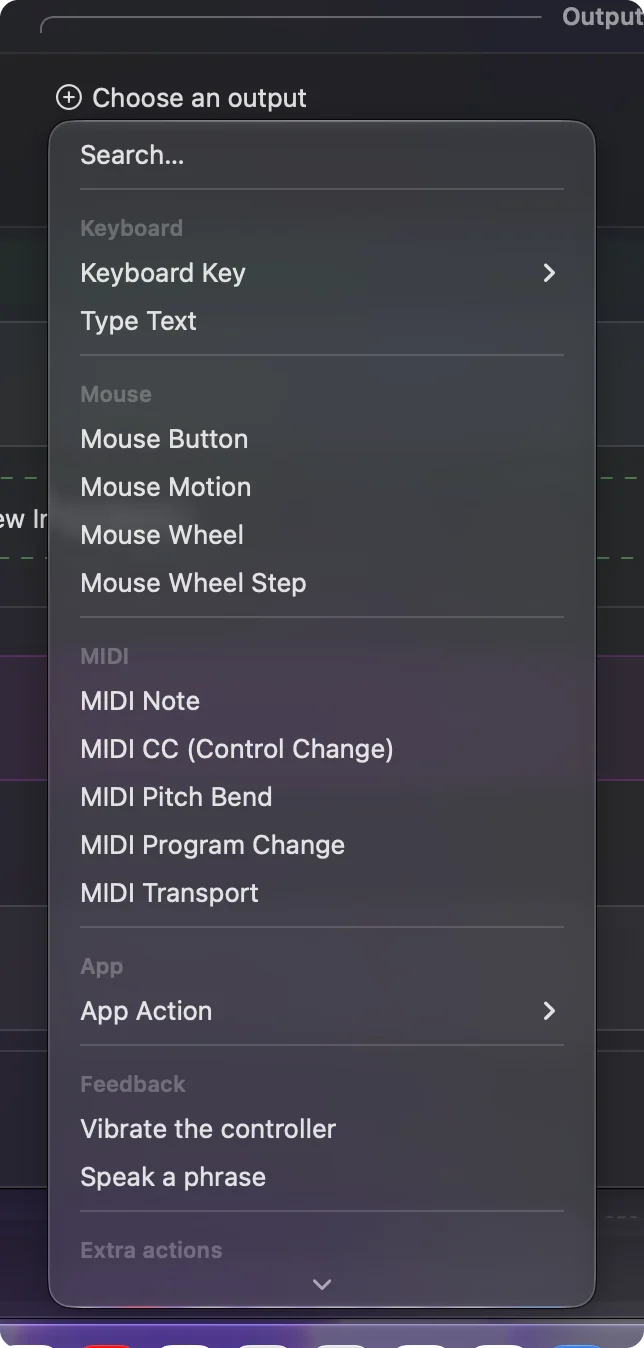 The output kind menu open on a row in the editor.