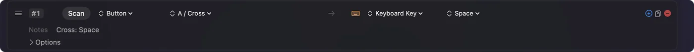 The row with Keyboard Key as the output and Space chosen.