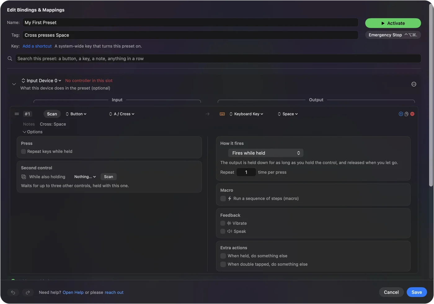A row's Options open in the editor, with How it fires, Macro, Feedback and Extra actions.