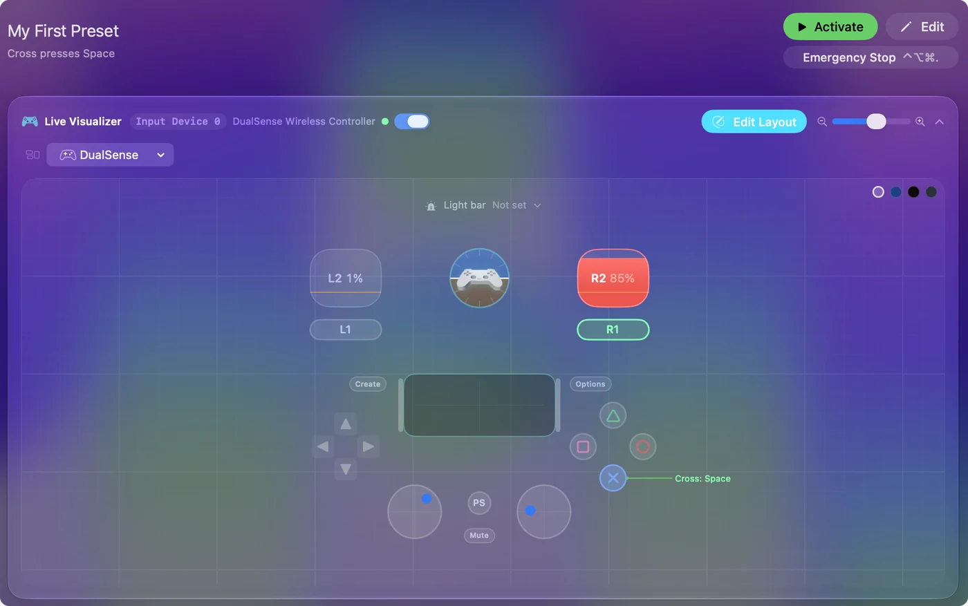 Die Seite der Voreinstellung mit Activate und dem Live Visualizer, der durch einen Druck aufleuchtet.