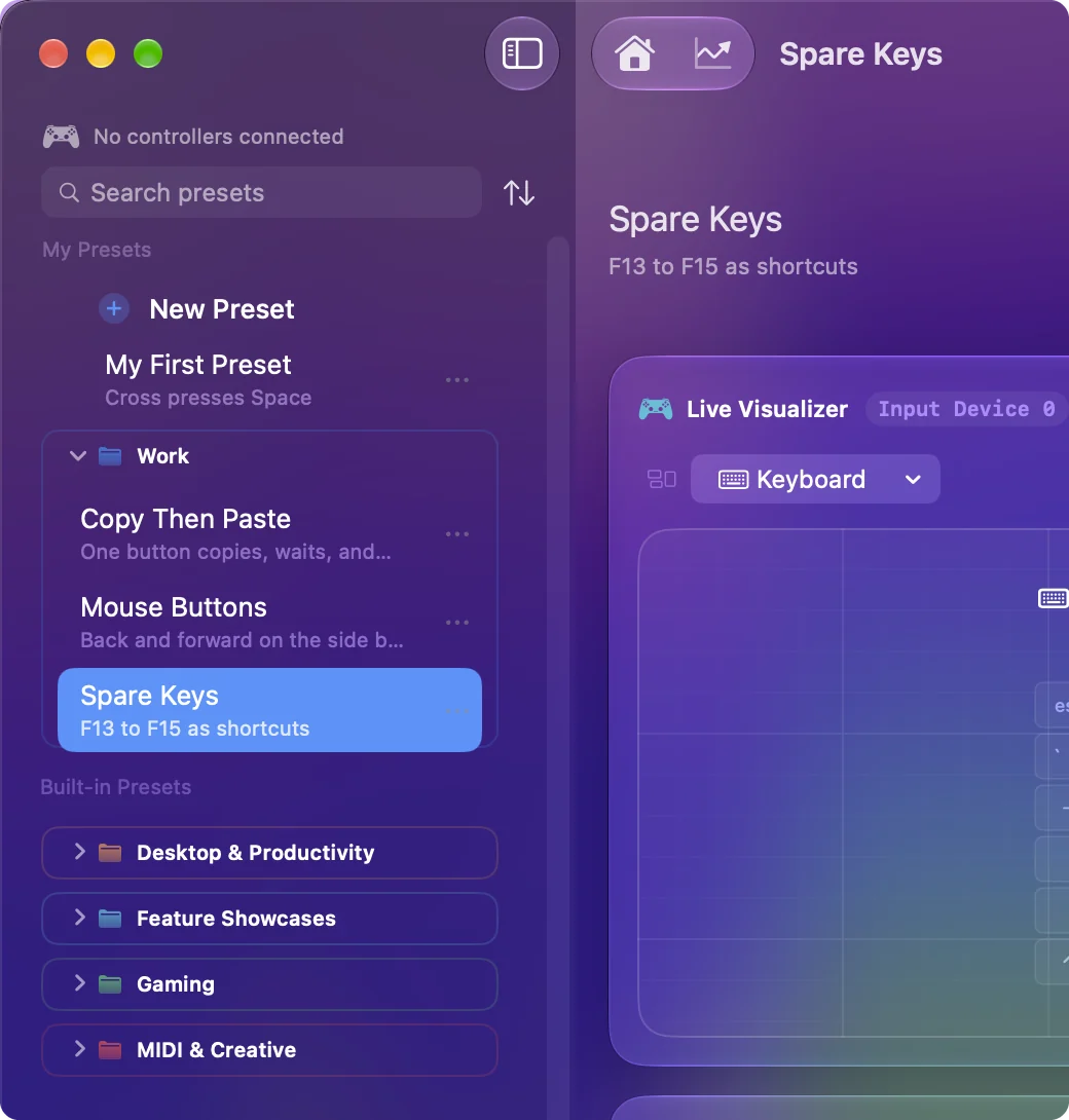 A group named Work in the sidebar with three presets inside it.