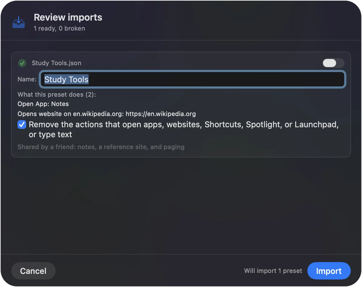 The import sheet for a shared preset.