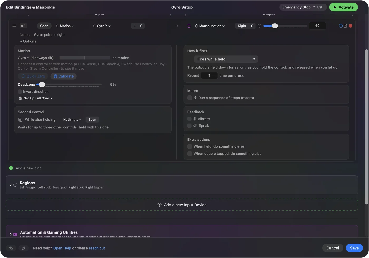 A motion row in InputConfig's editor with its Options open and Set Up Full Gyro under the Deadzone slider.