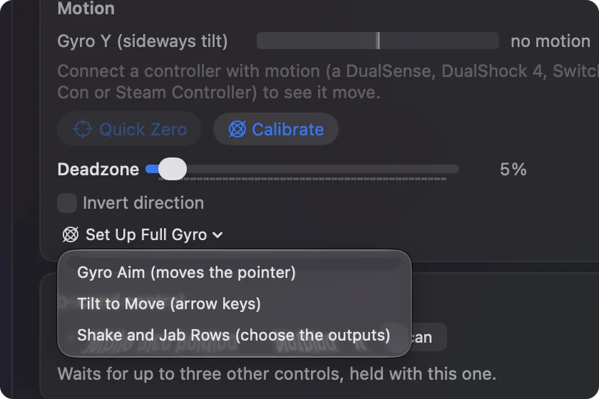 The Set Up Full Gyro menu with Gyro Aim, Tilt to Move and Shake and Jab Rows.