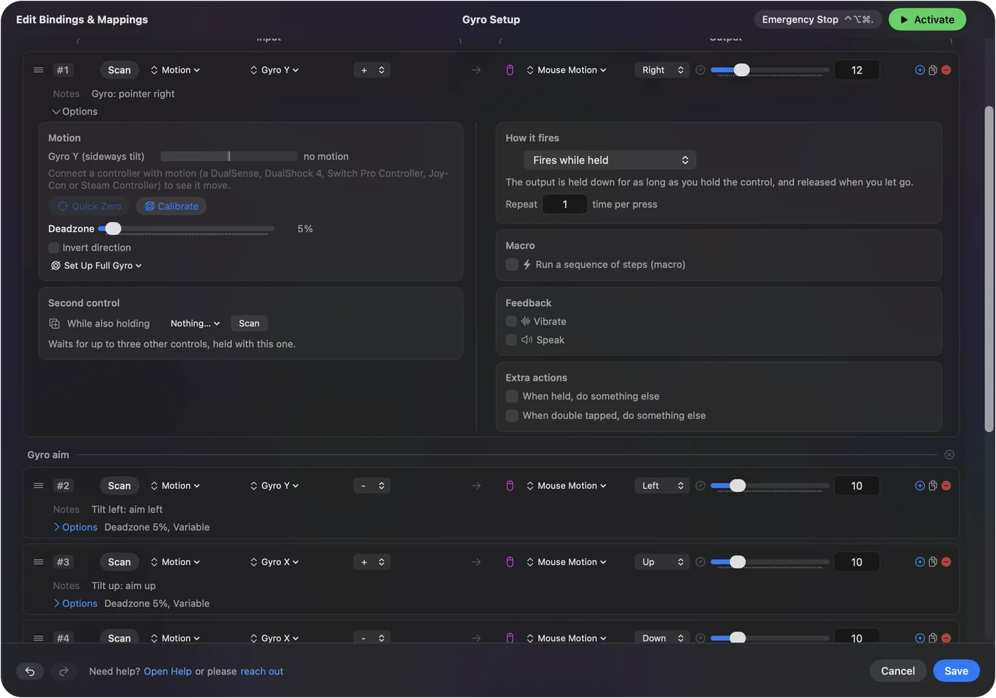 Three gyro rows added under a Gyro aim heading in the editor, each sending Mouse Motion.