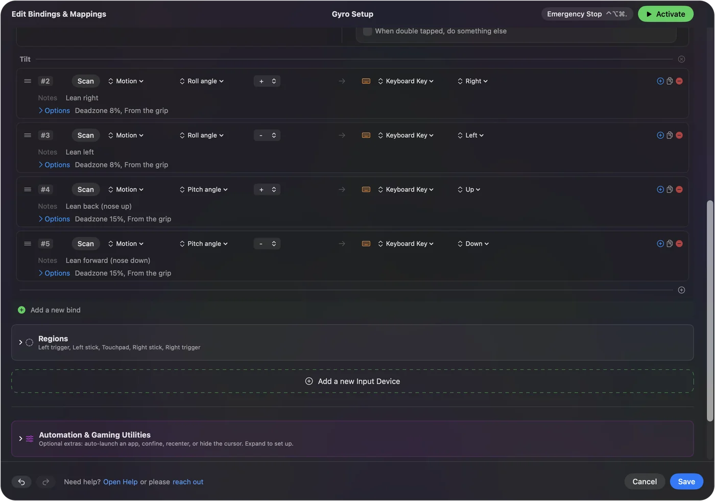Four tilt rows in the editor, each sending an arrow key as the controller leans.