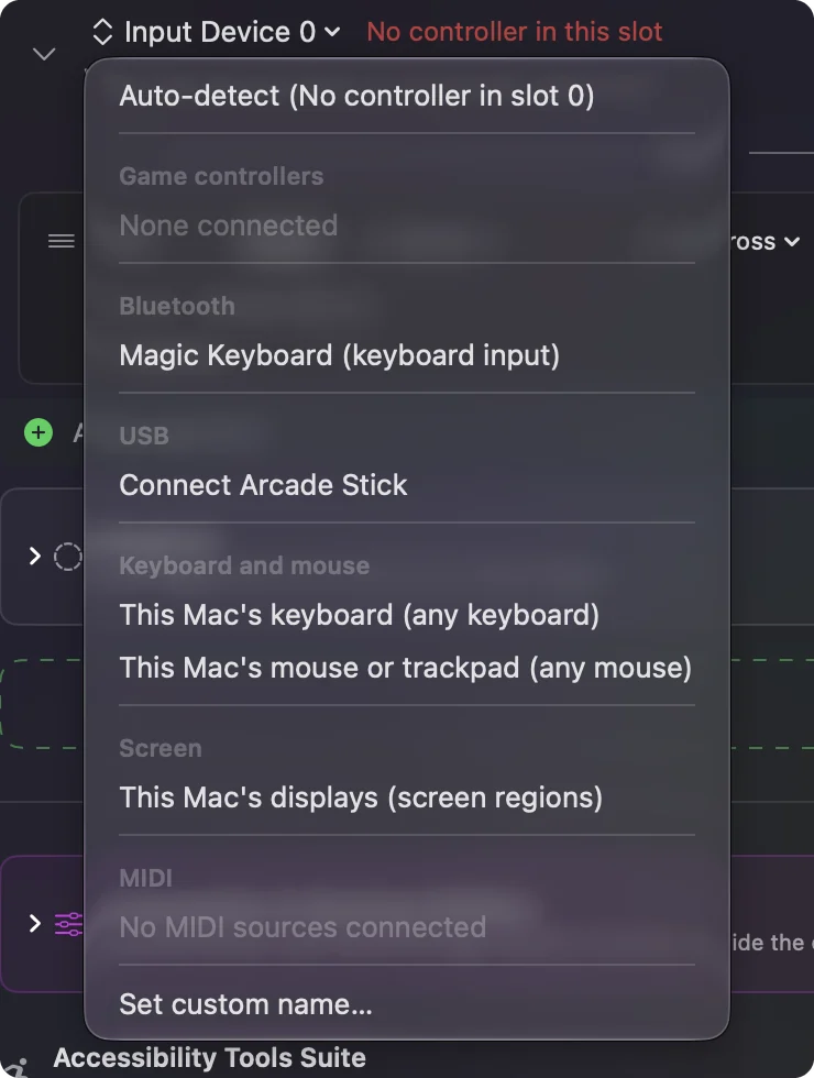 The input device menu in the editor offering Connect Arcade Stick under USB.