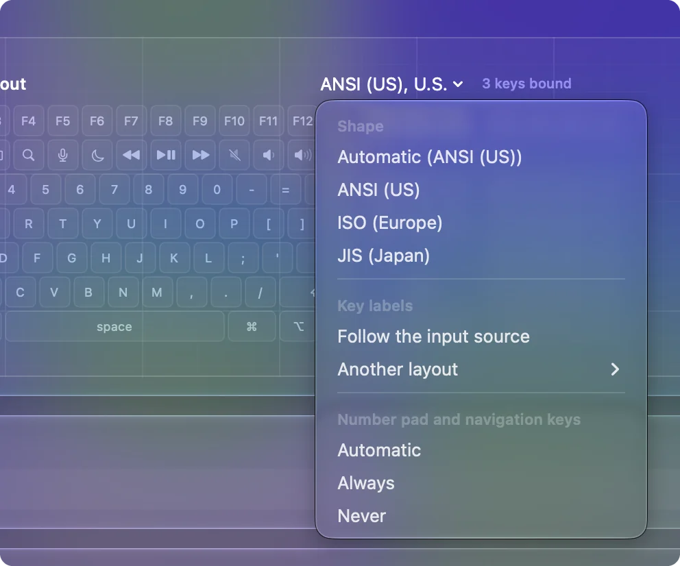The menu above the keyboard map in the Live Visualizer, with Shape, Key labels, and Number pad and navigation keys.