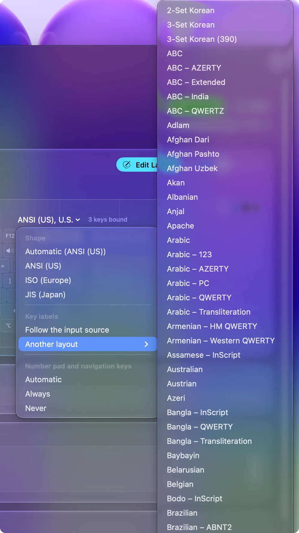 Key labels, Another layout, open on the list of every keyboard layout macOS has.