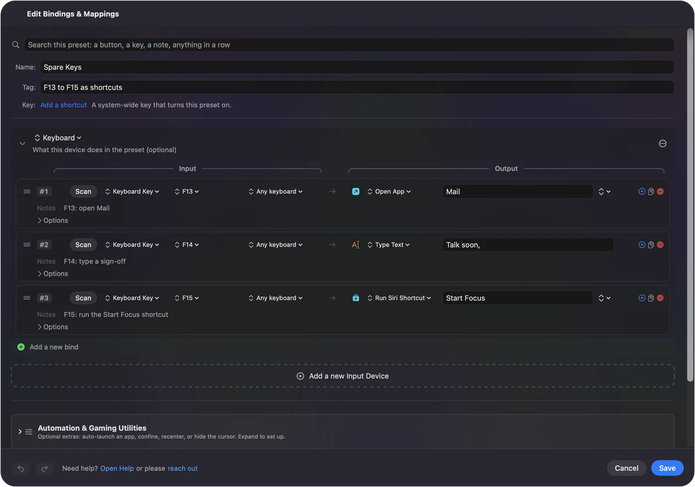 Three rows: F13 opens an app, F14 types a phrase and F15 runs a Shortcut.