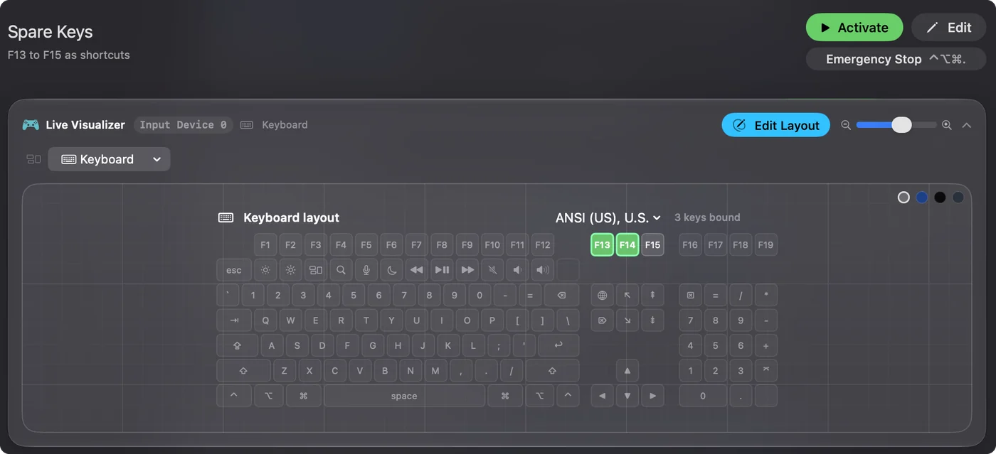 The Live Visualizer's keyboard layout with F13, F14 and F15 lit as the keys are pressed.