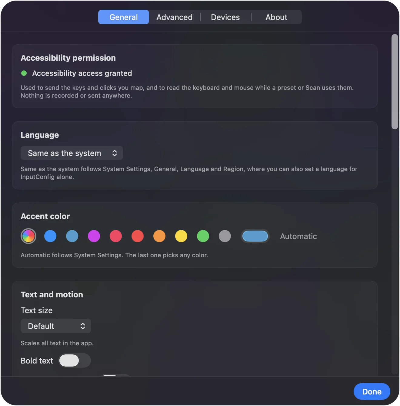 InputConfig's Settings on the General tab, with Language set to Same as the system.