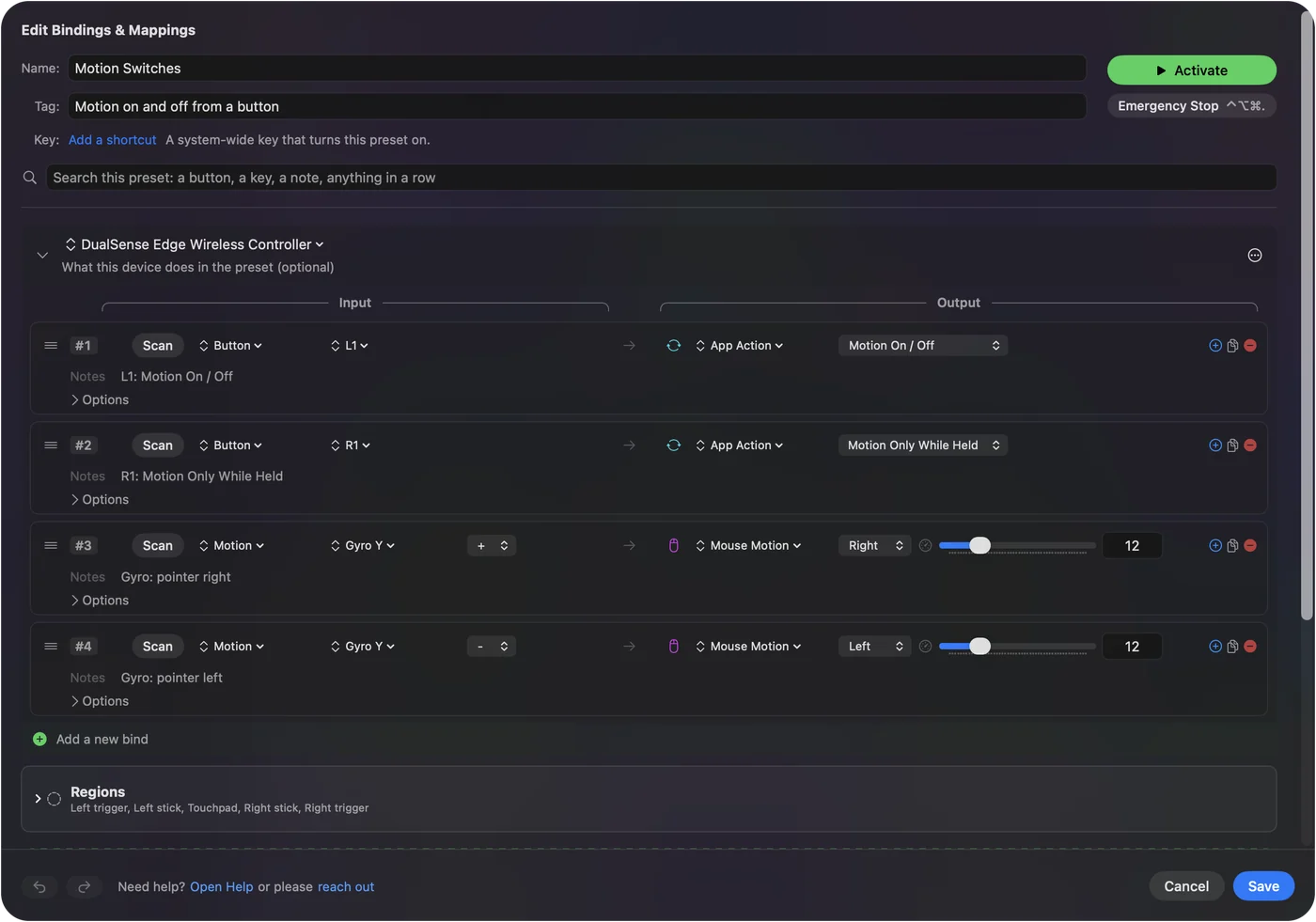 Two button rows in the editor: L1 sends Motion On / Off and R1 sends Motion Only While Held, above two gyro rows.