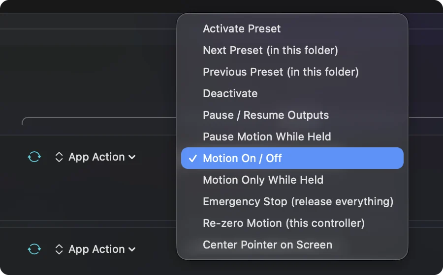 The App Action menu in the editor with Motion On / Off checked, beside Pause Motion While Held and Motion Only While Held.