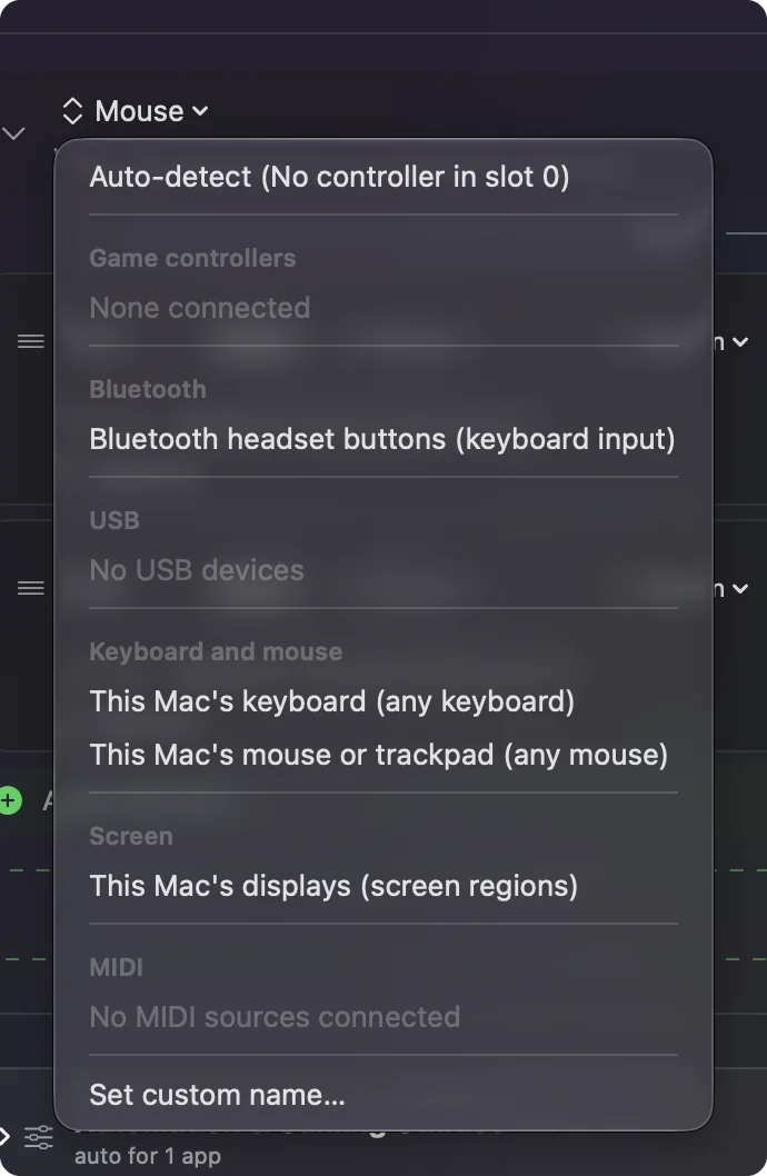 Das Eingabegeräte-Menü im Editor mit der Option für die Maus oder das Trackpad dieses Macs, die jede Maus liest.