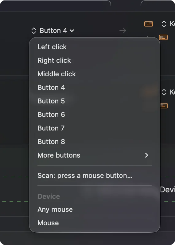 A row whose input is Mouse, with its button menu open on Button 4, Button 5 and More buttons.
