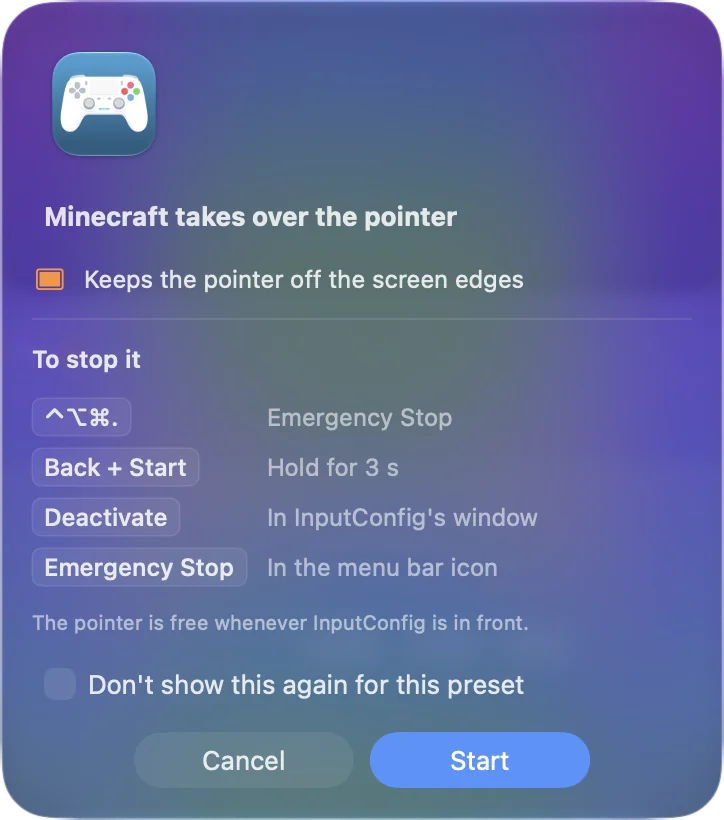 The sheet shown when Minecraft is started by hand, saying it keeps the pointer off the screen edges and listing every way to stop it.