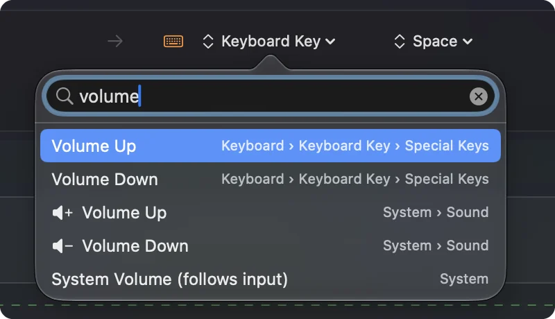 The output menu in the editor with volume typed in its search field, listing every volume output and where each one lives.
