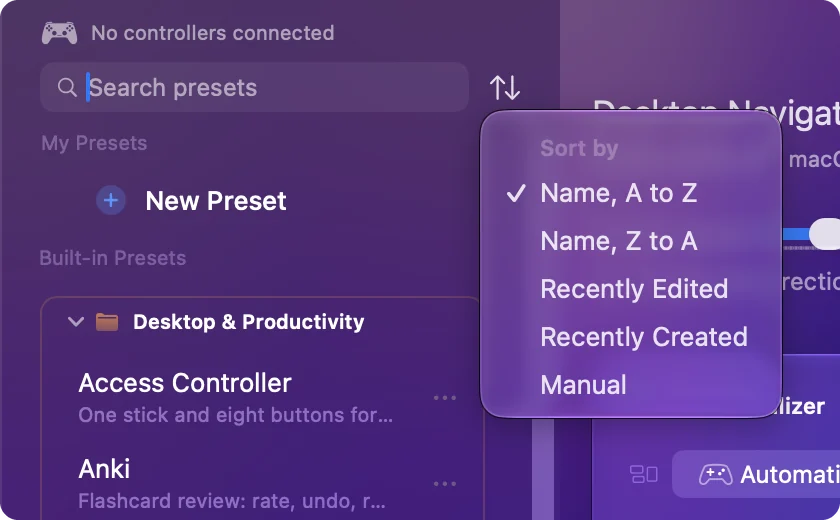 The sort menu beside the sidebar search: Name A to Z, Name Z to A, Recently Edited, Recently Created and Manual.