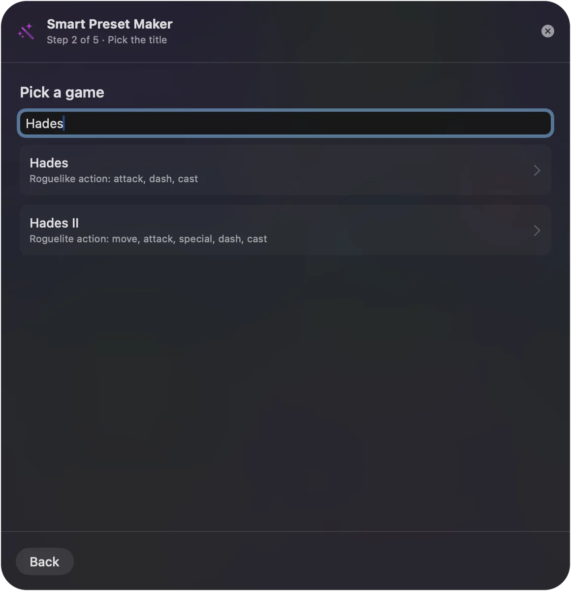The Smart Preset Maker's second step with a game typed into the search field.