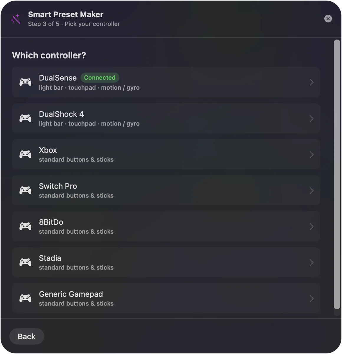 The Smart Preset Maker's third step, the list of controllers.