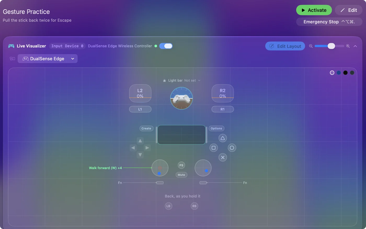 The Live Visualizer with the gesture row labeled on the left stick.