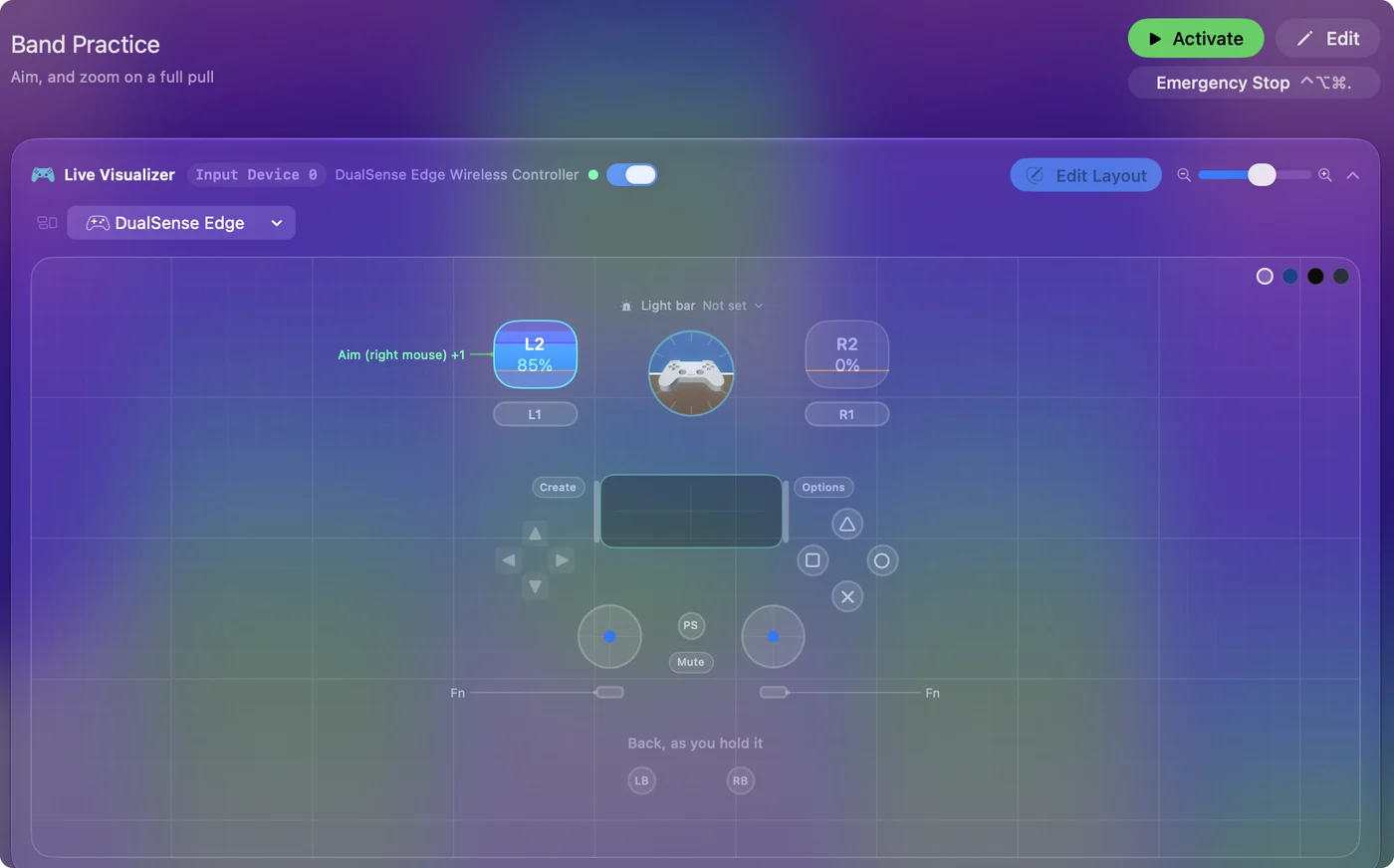 The Live Visualizer drawing the band inside the left trigger, lit on a full pull.
