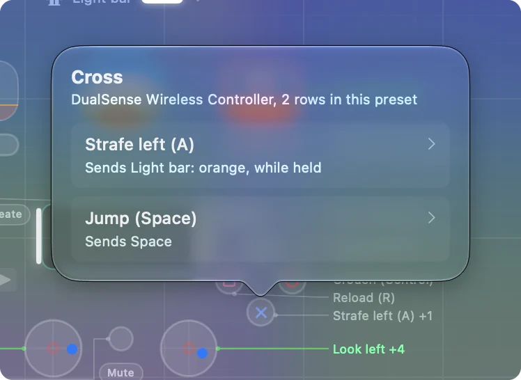 Un control pulsado en el Live Visualizer, con un cuadro emergente que enumera las filas que lo usan.