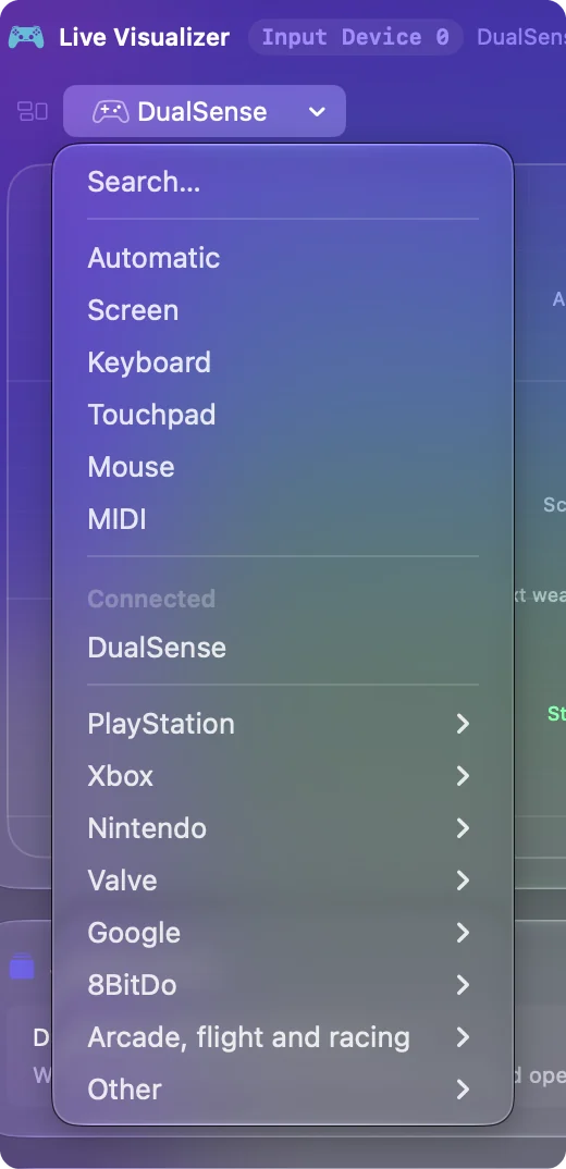 The Live Visualizer's model menu: Automatic first, then a submenu for each maker.