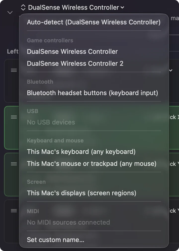 Menú de dispositivos de InputConfig con DualSense Wireless Controller y DualSense Wireless Controller 2.