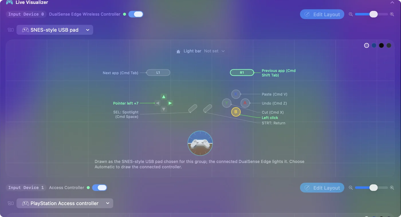 InputConfig's Live Visualizer drawing a USB SNES controller, with the D-pad and B button lit and each button's key listed beside it.