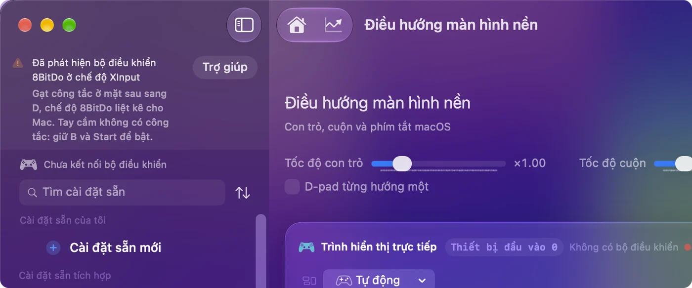 Cửa sổ chính của InputConfig với ghi chú nói một tay cầm 8BitDo được phát hiện ở chế độ X, và chế độ nên dùng cho mẫu đó.