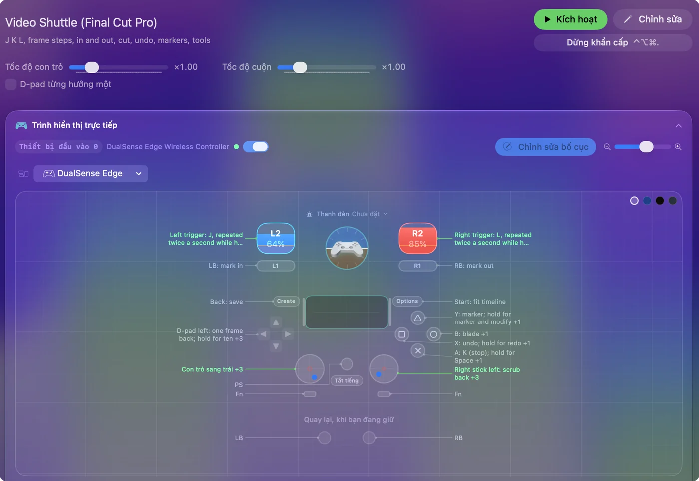Preset Video Shuttle cho Final Cut Pro trong Live Visualizer, với J và L trên các cò, đánh dấu vào và ra trên các nút vai, cắt, hoàn tác và đánh dấu trên các nút mặt trước.