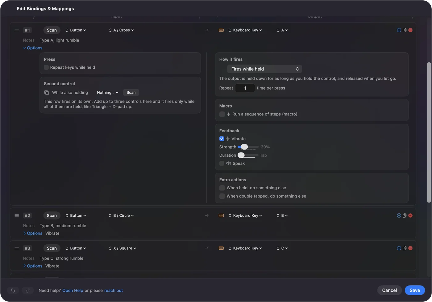 InputConfig binding editor with a row's Options open, showing Vibrate ticked in the Feedback box, Strength at 30 percent and Duration set to Tap.