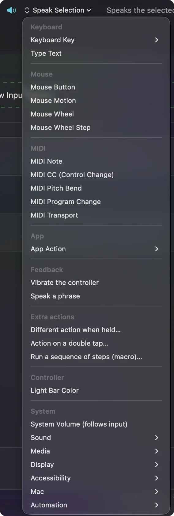The menu for choosing what a row sends, with a Feedback section listing Vibrate the controller and Speak a phrase.