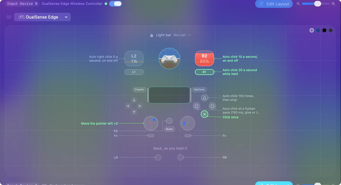 InputConfig's Live Visualizer drawing a DualSense with the Auto Clicker preset, its key listing the triggers, the right bumper, the face buttons and the left stick with what each one does.