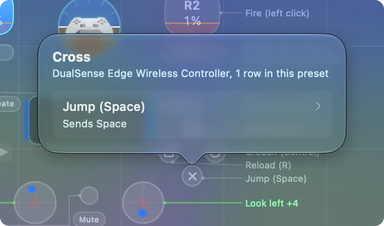 A popover over a DualSense button in the Live Visualizer, naming the button and listing the row that uses it.