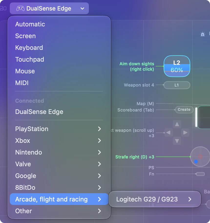 قائمة Controllers في Live Visualizer في InputConfig 1.6، تعرض طرازات أيدي التحكم بحسب الشركة المصنعة، ومنها أيدي الأركيد والطيران والسباق والأيدي العامة.