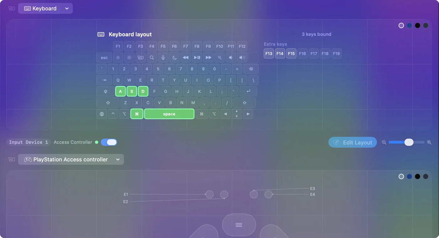 The Live Visualizer's Keyboard template drawn like a MacBook keyboard, with the keys being pressed lit.