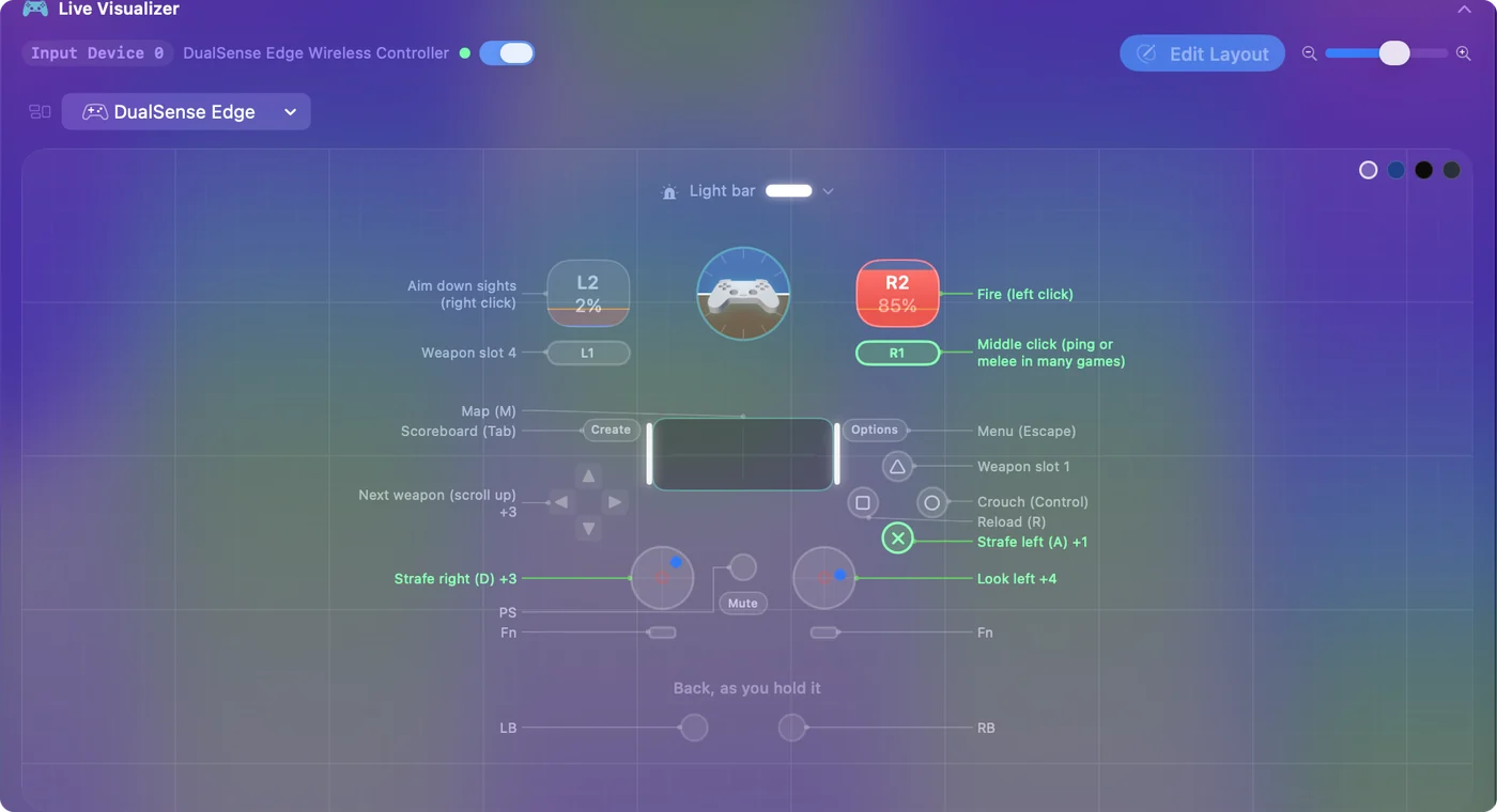 Il Live Visualizer di InputConfig che disegna un controller collegato, con il pulsante premuto e la levetta mossa illuminati.