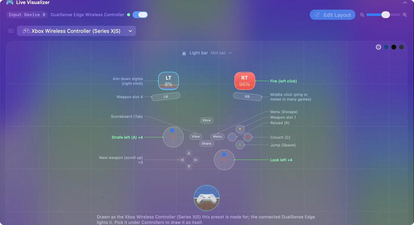 The Live Visualizer drawing an Xbox controller for the FPS (Xbox) preset while a DualSense Edge is connected, with a note under it explaining the substitution.
