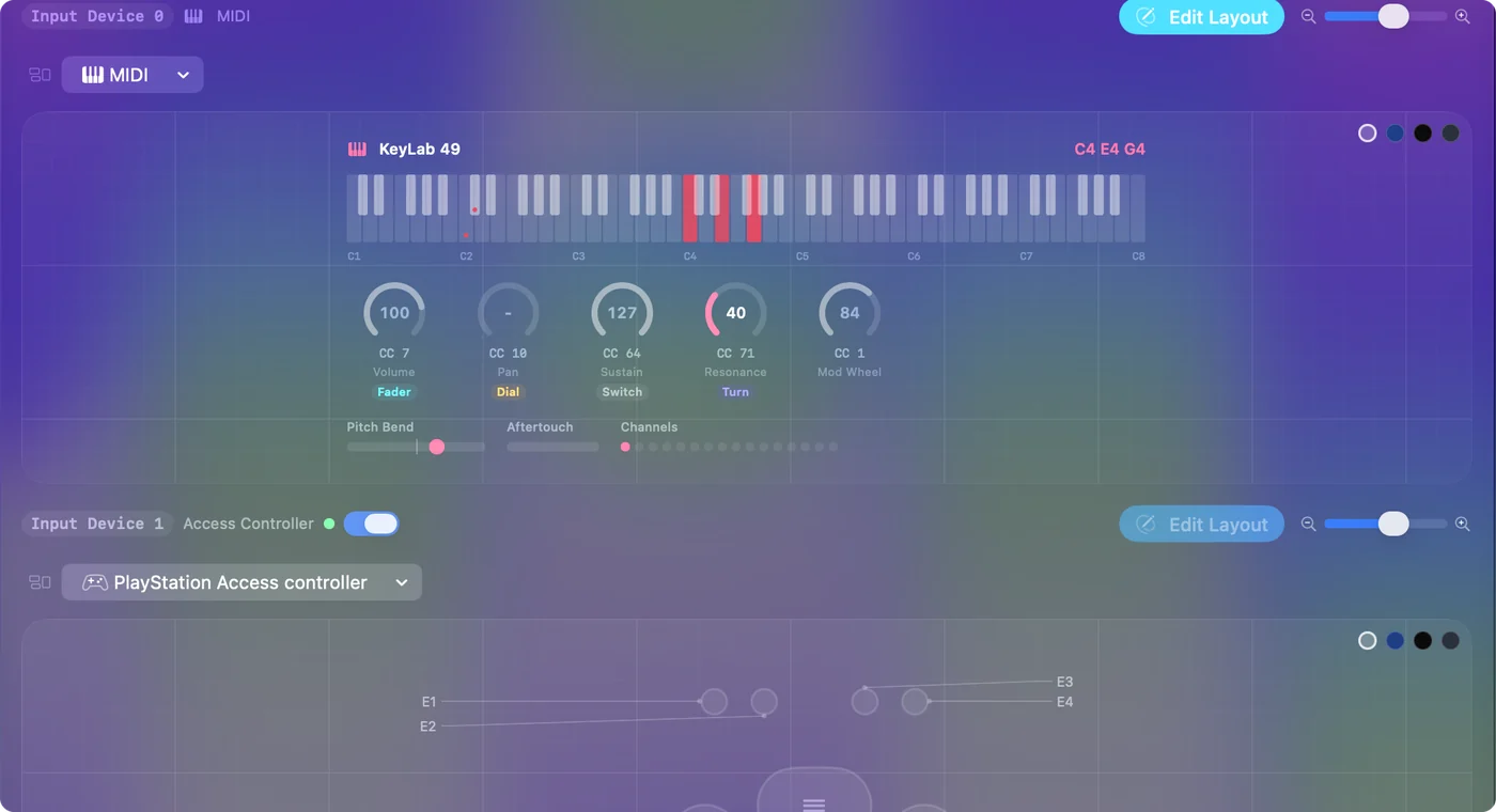 The Live Visualizer's MIDI map with held keys shaded by velocity, knob dials with their CC numbers, pitch bend and aftertouch meters, and an event log.
