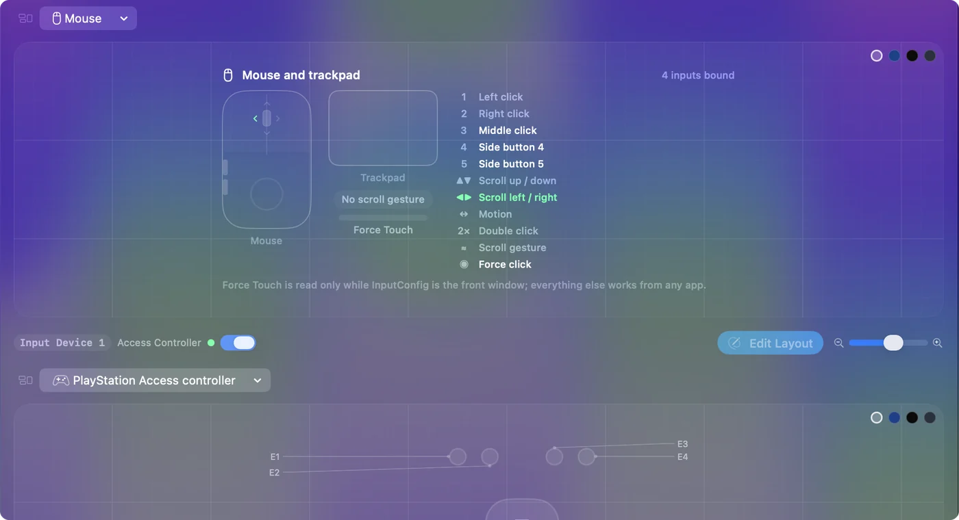 The Live Visualizer's Mouse map with the sideways scroll arrow lit, showing a tilt wheel's movement as it arrives.