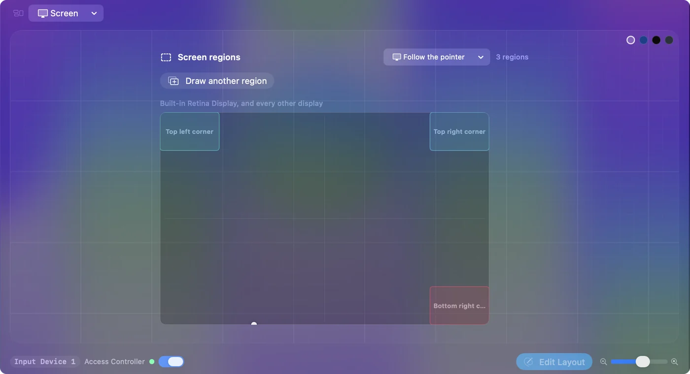 The Live Visualizer's Screen map in InputConfig showing the display with corner regions drawn on it, the live pointer, and a Draw another region button.